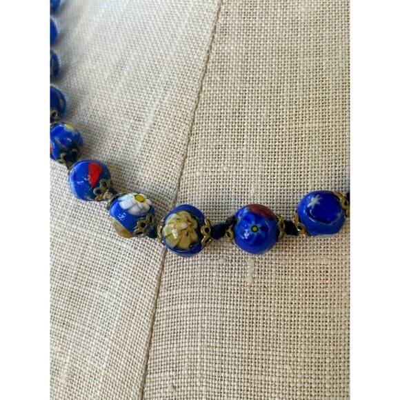 Vintage 1950s Italy Millefiori Hand knotted Glass Blue Beaded Necklace - Picture 13 of 16